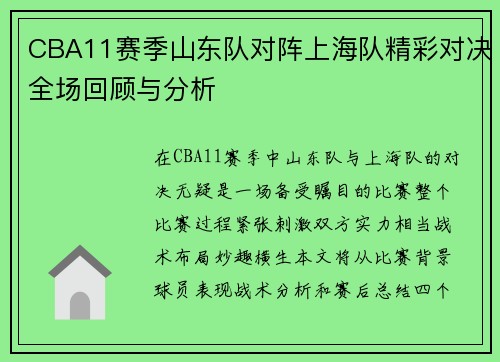 CBA11赛季山东队对阵上海队精彩对决全场回顾与分析