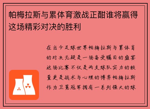帕梅拉斯与累体育激战正酣谁将赢得这场精彩对决的胜利