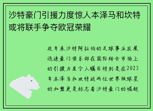 沙特豪门引援力度惊人本泽马和坎特或将联手争夺欧冠荣耀