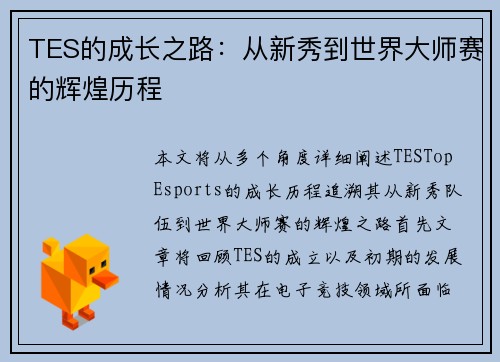 TES的成长之路：从新秀到世界大师赛的辉煌历程