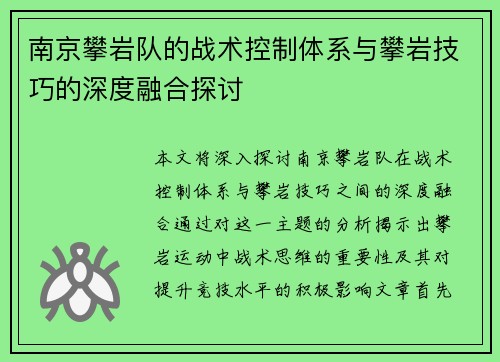 南京攀岩队的战术控制体系与攀岩技巧的深度融合探讨